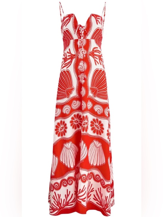 FARM Rio Dresses & Skirts - FARM Rio Ainika Printed Linen-Blend Red and White Shell-Print Maxi Dress